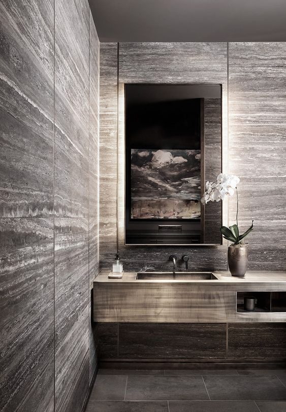 Roman Silver Travertine Marble Bathroom Vanity